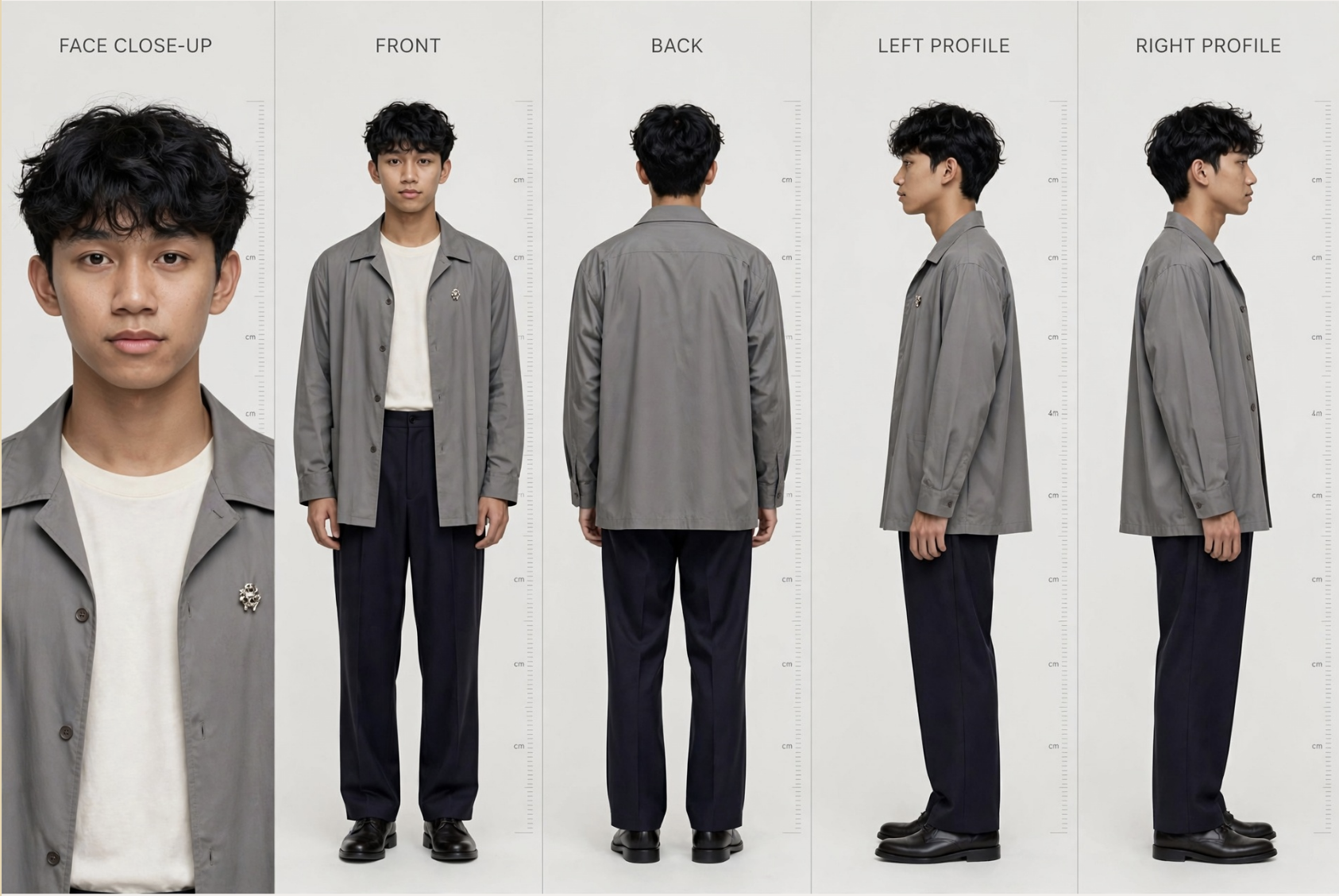 Identity-locked style sheet in five views: face close-up, front, back, left profile, and right profile