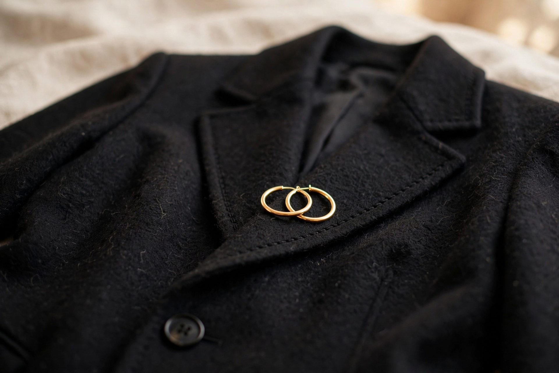 Close-up of a black wool coat with a pair of gold hoop earrings resting on the lapel