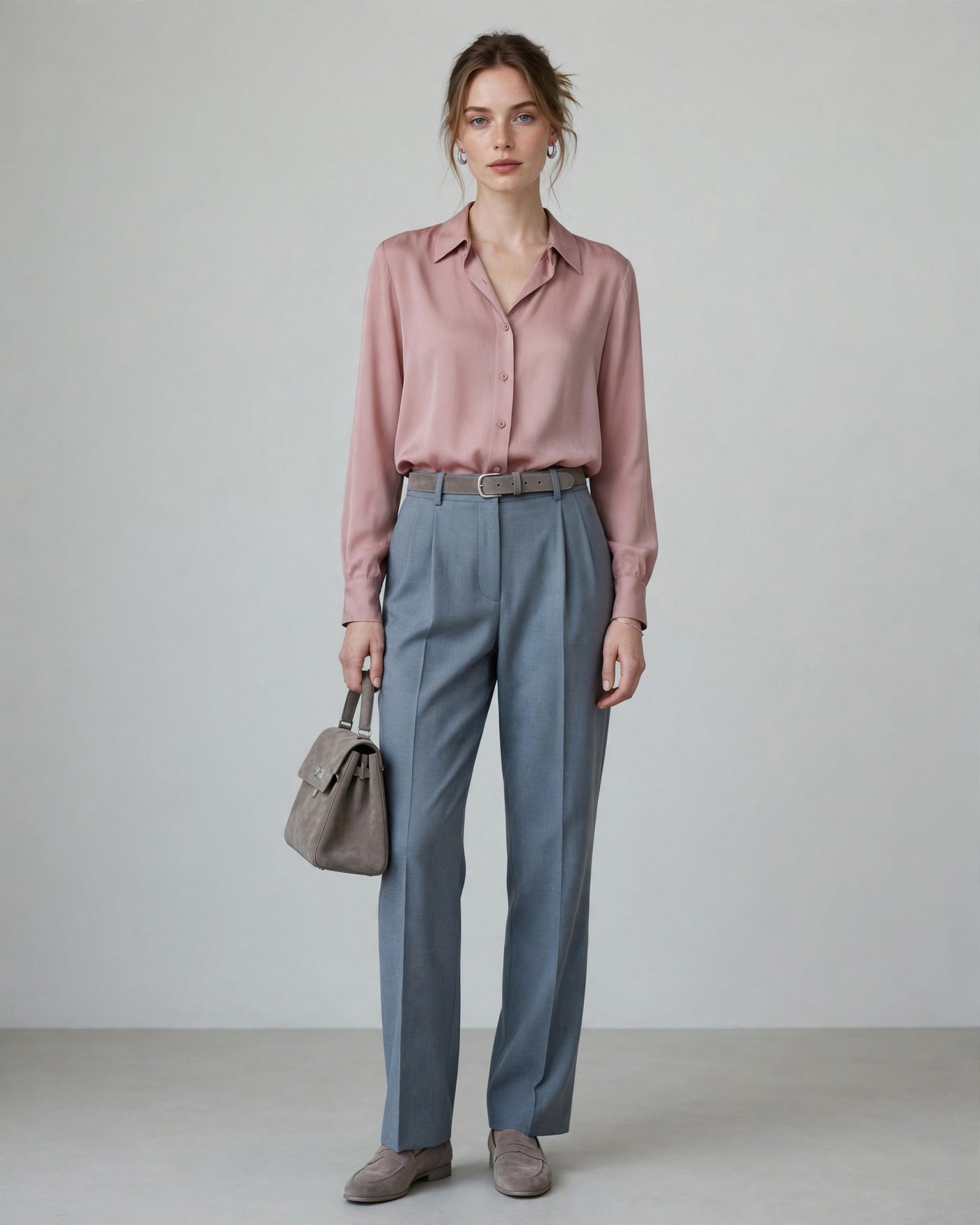 Editorial photograph of a True Summer palette outfit in soft blue-gray and dusty rose