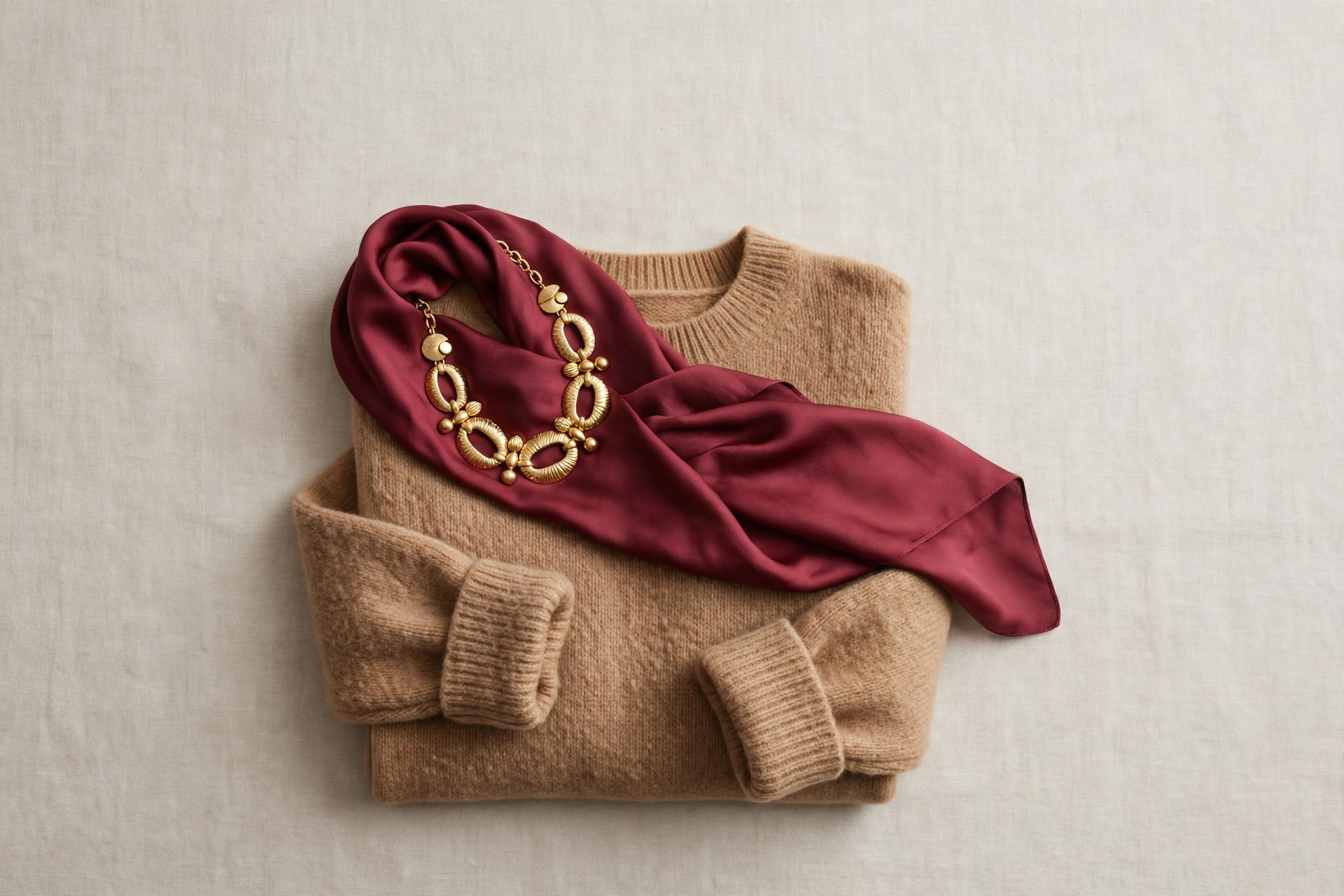 Flat-lay of camel, deep berry, and gold garments: one day's color palette